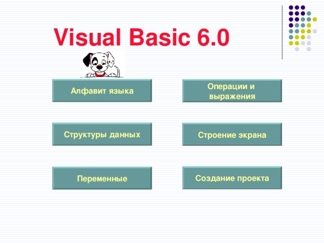 Visual Basic 6.0 Алфавит языка Операции и выражения Структуры данных Строение экрана Создание проекта Переменные 