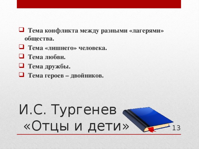  Тема конфликта между разными «лагерями» общества.  Тема «лишнего» человека.  Тема любви.  Тема дружбы.  Тема героев – двойников. И.С. Тургенев  «Отцы и дети» 11 