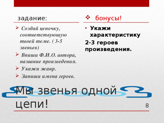  бонусы!  задание:  Создай цепочку, соответствующую твоей теме. ( 3-5 звеньев)  Впиши Ф.И.О. автора, название произведения.  Укажи жанр.  Запиши имена героев. Укажи характеристику  2-3 героев произведения.  Мы звенья одной цепи! 4 