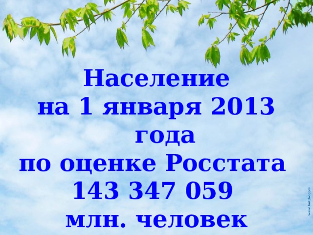 Население на 1 января 2013 года по оценке Росстата 143 347 059 млн. человек 