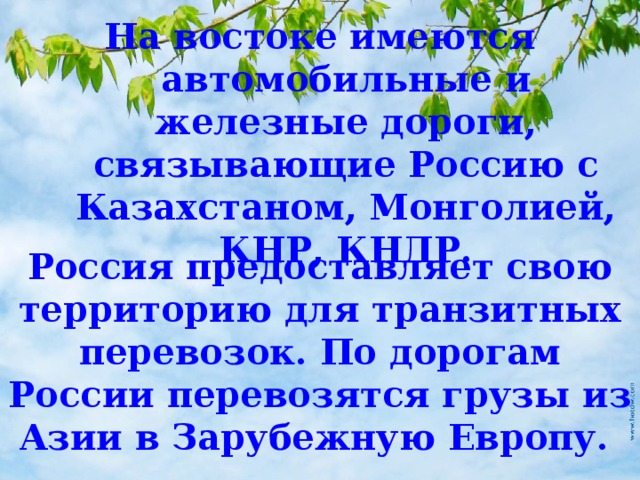 На востоке имеются автомобильные и железные дороги, связывающие Россию с Казахстаном, Монголией, КНР, КНДР. Россия предоставляет свою территорию для транзитных перевозок. По дорогам России перевозятся грузы из Азии в Зарубежную Европу. 