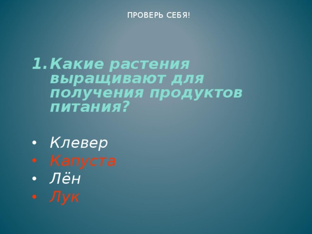 ПРОВЕРЬ СЕБЯ! Какие растения выращивают для получения продуктов питания?  Клевер Капуста Лён Лук 