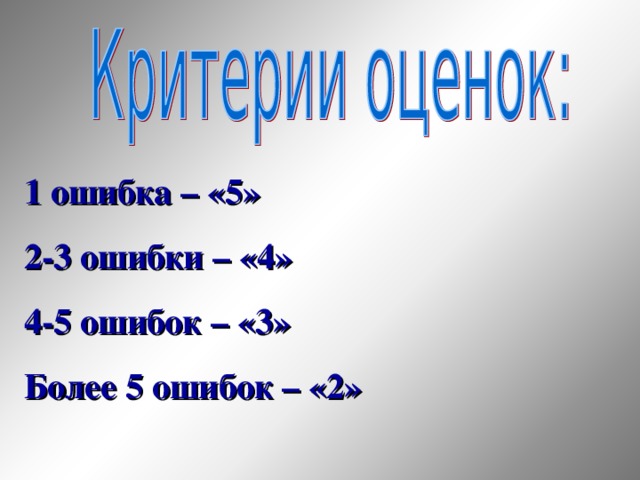 1 ошибка – «5» 2-3 ошибки – «4» 4-5 ошибок – «3» Более 5 ошибок – «2» 46 