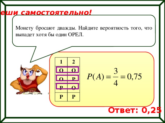 Найдите вероятность что выпадет орел