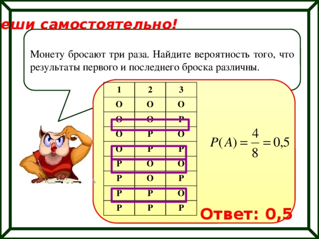 Реши самостоятельно! Монету бросают три раза. Найдите вероятность того, что результаты первого и последнего броска различны. 1 2 О О О 3 О О О Р Р О Р О Р Р О Р О Р О Р Р Р Р О Р Ответ: 0,5 