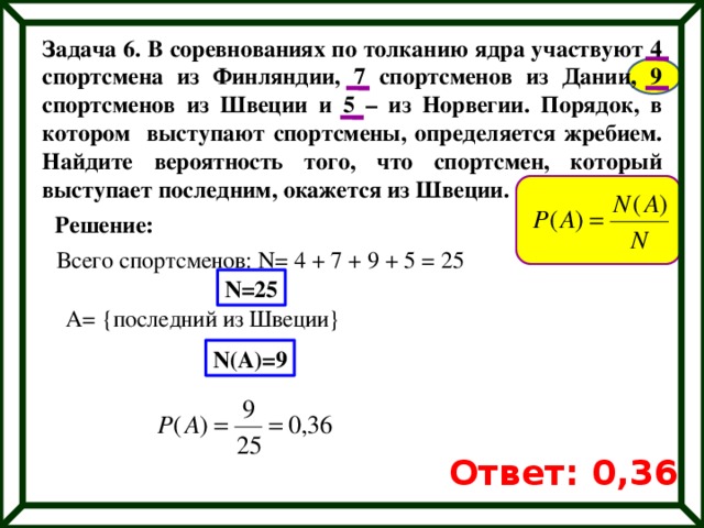 Задача 6. В соревнованиях по толканию ядра участвуют 4 спортсмена из Финляндии, 7 спортсменов из Дании, 9 спортсменов из Швеции и 5 – из Норвегии. Порядок, в котором выступают спортсмены, определяется жребием. Найдите вероятность того, что спортсмен, который выступает последним, окажется из Швеции. Решение: Всего спортсменов: N= 4 + 7 + 9 + 5 = 25 N=25 A= {последний из Швеции} N(А)=9 Ответ: 0,36 