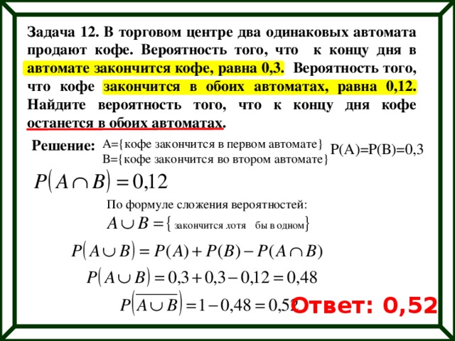 Задача 12. В торговом центре два одинаковых автомата продают кофе. Вероятность того, что к концу дня в автомате закончится кофе, равна 0,3. Вероятность того, что кофе закончится в обоих автоматах, равна 0,12. Найдите вероятность того, что к концу дня кофе останется в обоих автоматах. А={кофе закончится в первом автомате} Решение: B={кофе закончится во втором автомате} Р(А)=Р(В)=0,3 По формуле сложения вероятностей: Ответ: 0,52 