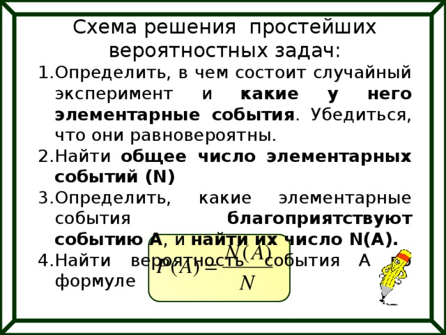 Схема решения простейших вероятностных задач: Определить, в чем состоит случайный эксперимент и какие у него элементарные события . Убедиться, что они равновероятны. Найти общее число элементарных событий (N) Определить, какие элементарные события благоприятствуют событию А , и найти их число N(A). Найти вероятность события А по формуле 