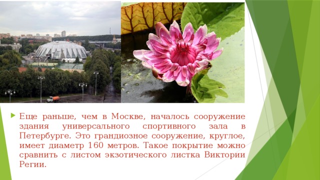 Еще раньше, чем в Москве, началось сооружение здания универсального спортивного зала в Петербурге. Это грандиозное сооружение, круглое, имеет диаметр 160 метров. Такое покрытие можно сравнить с листом экзотического листка Виктории Регии. 