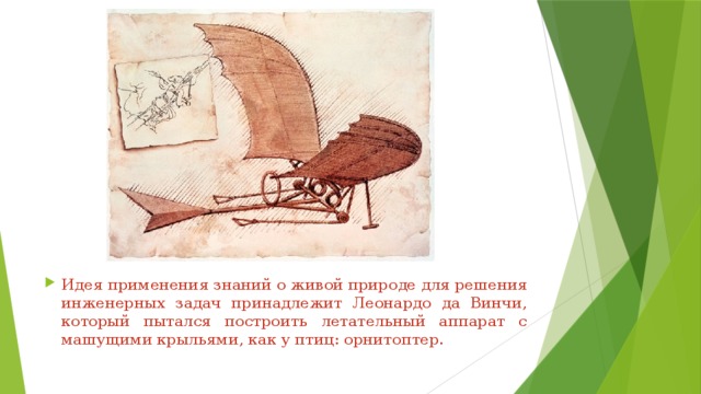 Идея применения знаний о живой природе для решения инженерных задач принадлежит Леонардо да Винчи, который пытался построить летательный аппарат с машущими крыльями, как у птиц: орнитоптер. 