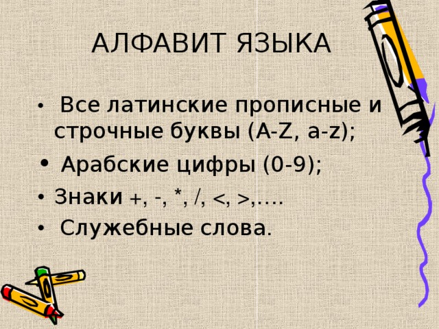 АЛФАВИТ ЯЗЫКА •   Все  латинские  прописные  и  строчные  буквы ( A-Z, a-z ); •   Арабские цифры (0-9); •  Знаки +, -, *, /, , …. •   Служебные  слова . 
