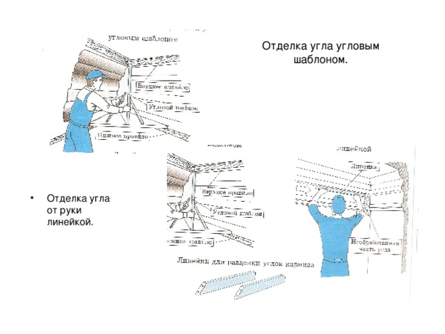 Отделка угла угловым шаблоном. Отделка угла от руки линейкой. 