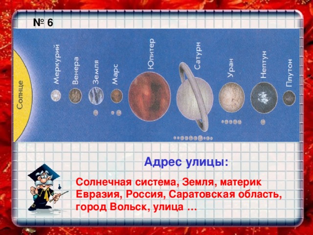 № 6 Адрес улицы:  Солнечная система,  Земля, материк Евразия, Россия, Саратовская область, город Вольск, улица …  