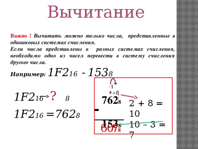Вычитание Важно ! Вычитать можно только числа, представленные в одинаковых системах счисления. Если числа представлены в разных системах счисления, необходимо одно из чисел перевести в систему счисления другого числа. Например:  1F2 16 -  153 8  -1 ? +8 1F2 16  8  762 8   153 8    2 + 8 = 10 10 – 3 = 7 - 1F2 16 =762 8 0   7 8 6 