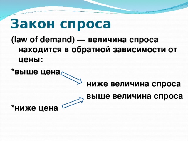Закон спроса ( law  of  demand ) — величина спроса находится в обратной зависимости от цены: *выше цена      ниже величина спроса      выше величина спроса *ниже цена 