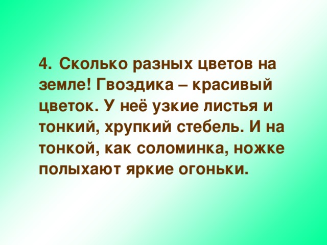  4.  Сколько разных цветов на земле! Гвоздика – красивый цветок. У неё узкие листья и тонкий, хрупкий стебель. И на тонкой, как соломинка, ножке полыхают яркие огоньки. 
