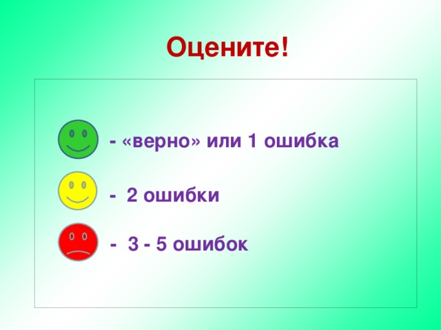Оцените!    - «верно» или 1 ошибка   - 2 ошибки   - 3 - 5 ошибок  