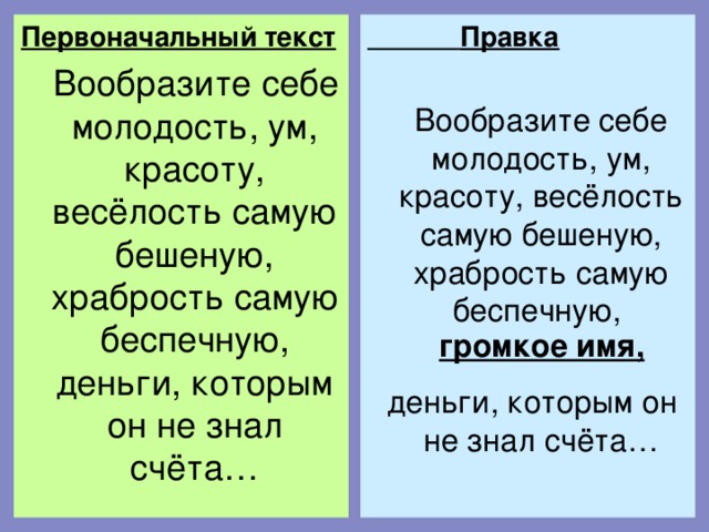 Первоначальный текст  Вообразите себе молодость, ум, красоту, весёлость самую бешеную, храбрость самую беспечную, деньги, которым он не знал счёта…  Правка   Вообразите себе молодость, ум, красоту, весёлость самую бешеную, храбрость самую беспечную,  деньги, которым он не знал счёта… громкое имя,  