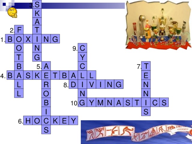 3. S K A T 2. F N G X O 1. B I 9. C N O T Y G C B 7. T 5. A A L L S B T E K 4. B E A N I V N I G 8. D R L N N O L A S T I C S 10. G B N Y M I S Y E K O C 6. H S 