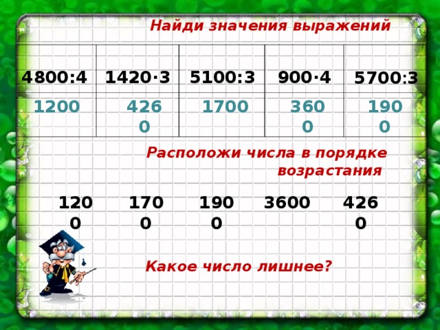 Найди значения выражений  4800:4  1420·3   5100:3  900·4   5700 : 3 3600 1700 1900 4260 1200 Расположи числа в порядке возрастания 1200 1700 1900 3600 4260 Какое число лишнее?  