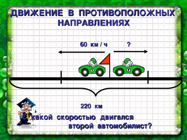 ДВИЖЕНИЕ  В  ПРОТИВОПОЛОЖНЫХ  НАПРАВЛЕНИЯХ 60 км / ч  ?  220 км С какой скоростью двигался второй автомобилист? 