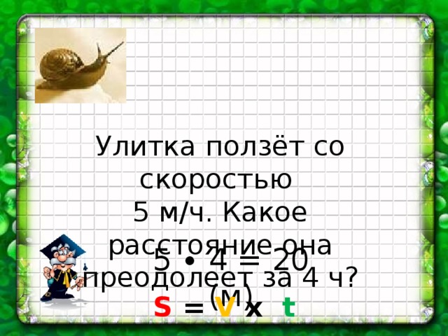 Улитка ползёт со скоростью 5 м/ч. Какое расстояние она преодолеет за 4 ч? 5 ∙ 4 = 20 (м) S = V х  t 