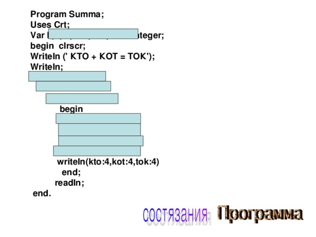 Program Summa ; Uses Crt; Var k , t, o, k to, t o k , k ot  :  integer; b egin c lrscr; Writeln (' КTO + КOT = TOК'); Writeln; for k :=1 to 9 do  for t:=1 to 9 do  for o:=0 to 9 do  begin  k to:= k *100+t*10+o;  k ot:= k *100+o*10+t;  t o k :=t*100+o*10+ k ;  if k to+ k ot= t o k then  writeln( k to:4, k ot:4, t o k :4)  e nd;  readln;  end. 
