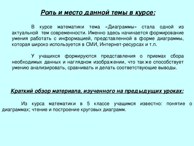 Роль и место данной темы в курсе: Краткий обзор материала, изученного на предыдущих уроках: 