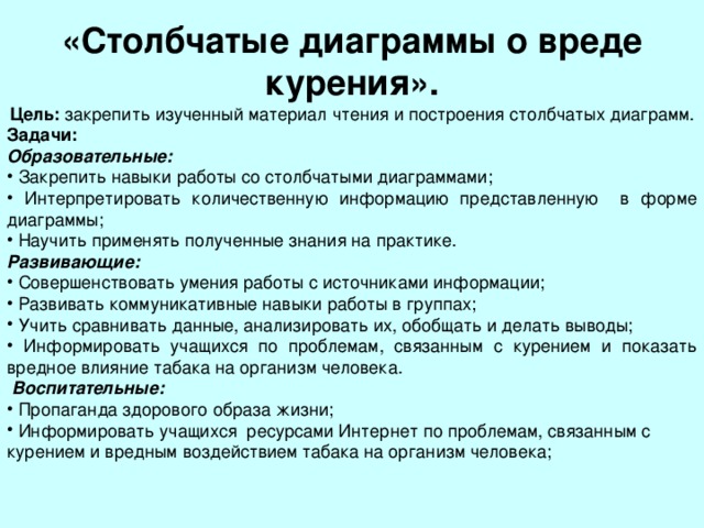 «Столбчатые диаграммы о вреде курения». Цель: Задачи: Образовательные: Развивающие:  Воспитательные: 