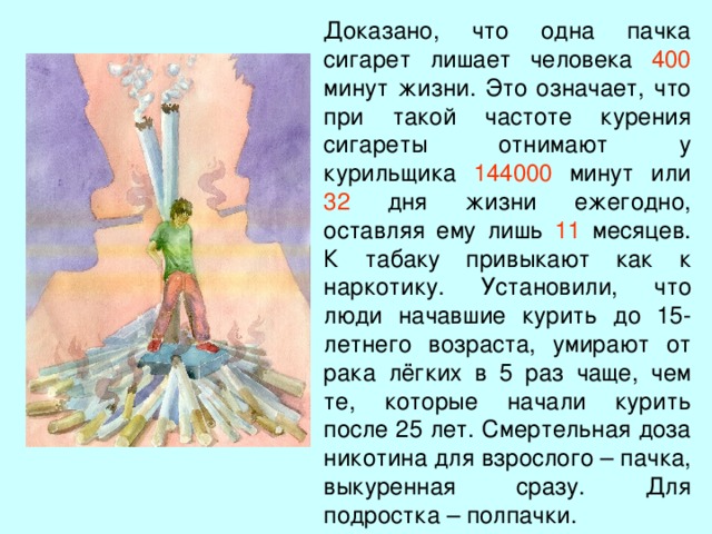 Доказано, что одна пачка сигарет лишает человека 400 минут жизни. Это означает, что при такой частоте курения сигареты отнимают у курильщика 144000 минут или 32 дня жизни ежегодно, оставляя ему лишь 11 месяцев. К табаку привыкают как к наркотику. Установили, что люди начавшие курить до 15-летнего возраста, умирают от рака лёгких в 5 раз чаще, чем те, которые начали курить после 25 лет. Смертельная доза никотина для взрослого – пачка, выкуренная сразу. Для подростка – полпачки. 