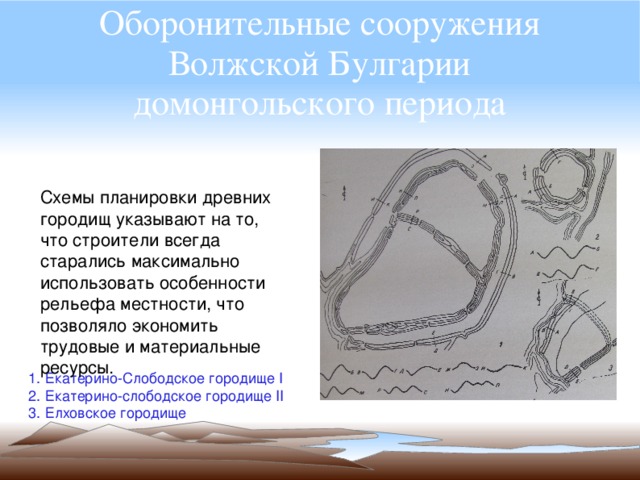 Оборонительные сооружения Волжской Булгарии  домонгольского периода Схемы планировки древних городищ указывают на то, что строители всегда старались максимально использовать особенности рельефа местности, что позволяло экономить трудовые и материальные ресурсы. 1. Екатерино-Слободское городище I 2. Екатерино-слободское городище II 3. Елховское городище 