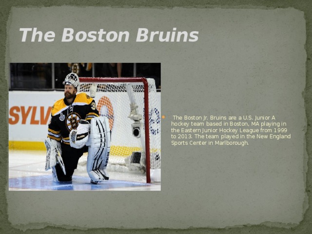 The Boston Bruins  The Boston Jr. Bruins are a U.S. Junior A hockey team based in Boston, MA playing in the Eastern Junior Hockey League from 1999 to 2013. The team played in the New England Sports Center in Marlborough. 