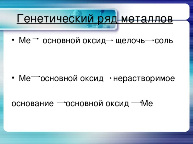 Составьте генетический ряд кальция используя схему металл основный