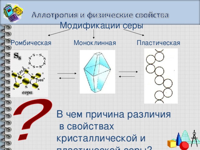Модификации серы Пластическая Моноклинная Ромбическая В чем причина различия  в свойствах кристаллической и пластической серы? 