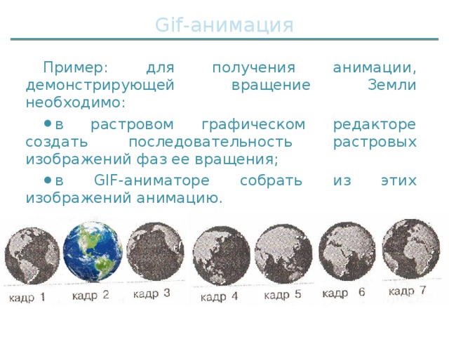 Gif-анимация Пример: для получения анимации, демонстрирующей вращение Земли необходимо: в растровом графическом редакторе создать последовательность растровых изображений фаз ее вращения; в GIF-аниматоре собрать из этих изображений анимацию. 