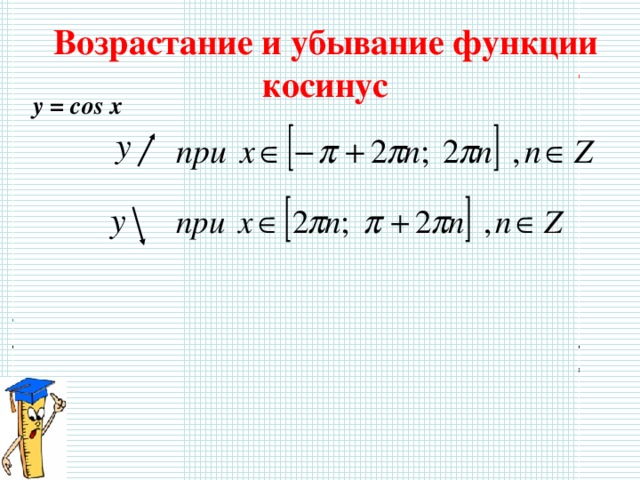 y y = sinx Возрастание и убывание функции косинус 1 x -1 y = cos x y y=cosx 1 0 x -1 