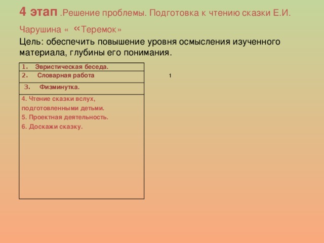 4 этап .Решение проблемы. Подготовка к чтению сказки Е.И. Чарушина « « Теремок»  Цель: обеспечить повышение уровня осмысления изученного материала, глубины его понимания. 1. Эвристическая беседа. 2. Словарная работа  3. Физминутка. 4. Чтение сказки вслух, подготовленными детьми. 5. Проектная деятельность. 6. Доскажи сказку. 1 2 