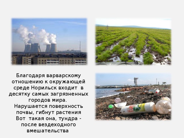 Благодаря варварскому отношению к окружающей среде Норильск входит в десятку самых загрязненных городов мира. Нарушается поверхность почвы, гибнут растения Вот такая она, тундра - после вездеходного вмешательства 