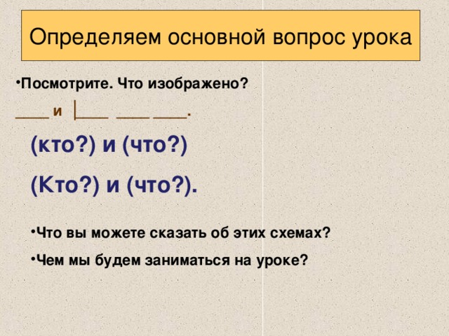 Определяем основной вопрос урока Посмотрите. Что изображено? ____ и ____ ____ ____.  (кто?) и (что?) (Кто?) и (что?). Что вы можете сказать об этих схемах? Чем мы будем заниматься на уроке?  
