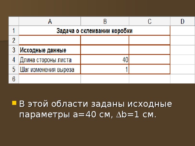 В этой области заданы исходные параметры а=40 см,  b =1 см. 