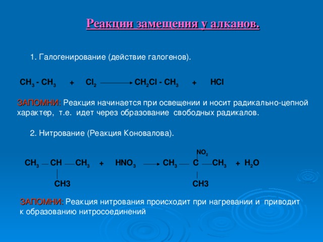 Реакции замещения у алканов.  СН 3 - СН 3 + С l 2  CH 2 Cl - CH 3 + HCl   ЗАПОМНИ:  NO 2   CH 3 CH CH 3 + HNO 3 CH 3 C CH 3 + H 2 O   CH 3 CH 3   ЗАПОМНИ: Реакция нитрования происходит при нагревании и приводит к образованию нитросоединений 