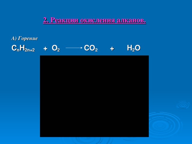 2. Реакции окисления алканов.  А) Горение C n H 2 n +2 + O 2  CO 2 + H 2 O  