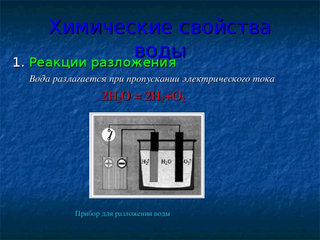 Химические свойства воды 1. Реакции разложения  Вода разлагается при пропускании электрического тока  2Н 2 О = 2Н 2 +О 2  Прибор для разложения воды 