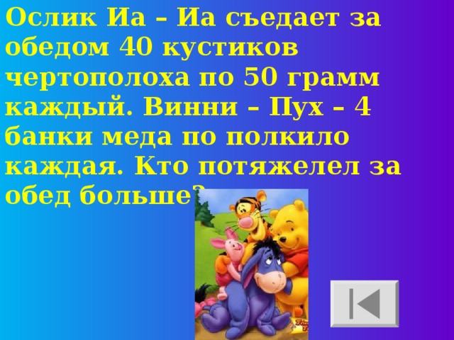 Ослик Иа – Иа съедает за обедом 40 кустиков чертополоха по 50 грамм каждый. Винни – Пух – 4 банки меда по полкило каждая. Кто потяжелел за обед больше?  
