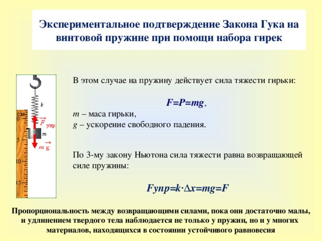 Закон пружины. Закон Гука. Сила упругости. Вывод о справедливости закона Гука. Сила упругости по закону Гука равна.