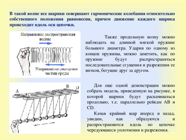 В такой волне все шарики совершают гармонические колебания относительно собственного положения равновесия, причем движение каждого шарика происходит вдоль оси цепочки.  Также продольную волну можно наблюдать на длинной мягкой пружине большого диаметра. Ударив по одному из концов пружины, можно заметить, как по пружине будут распространяться последовательные сгущения и разрежения ее витков, бегущие друг за другом. Для еще одной демонстрации можно собрать модель, приведенную на рисунке, в которой шарики будут раскачиваться продольно, т.е. параллельно рейкам АВ и CD. Качая крайний шар вперед и назад, увидим, как образуются и распространяются вдоль по цепочке чередующиеся уплотнения и разрежения. 