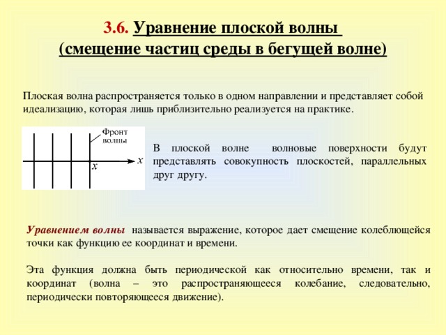 3 . 6.  Уравнение плоской волны  (смещение частиц среды в бегущей волне) Плоская волна распространяется только в одном направлении и представляет собой идеализацию, которая лишь приблизительно реализуется на практике. В плоской волне волновые поверхности будут представлять совокупность плоскостей, параллельных друг другу. Уравнением волны   называется выражение, которое дает смещение колеблющейся точки как функцию ее координат и времени. Эта функция должна быть периодической как относительно времени, так и координат (волна – это распространяющееся колебание, следовательно, периодически повторяющееся движение). 