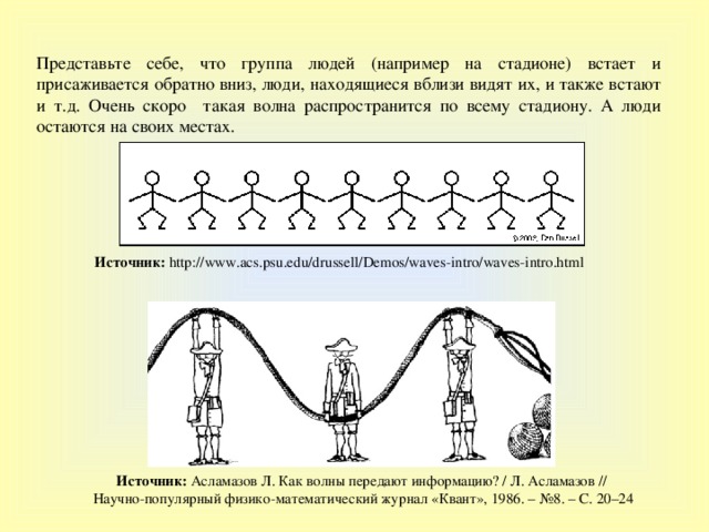 Представьте себе, что группа людей (например на стадионе) встает и присаживается обратно вниз, люди, находящиеся вблизи видят их, и также встают и т.д. Очень скоро такая волна распространится по всему стадиону. А люди остаются на своих местах . Источник : http://www.acs.psu.edu/drussell/Demos/waves-intro/waves-intro.html Источник : Асламазов Л. Как волны передают информацию? / Л. Асламазов // Научно-популярный физико-математический журнал «Квант», 1986. – №8. – С. 20–24 