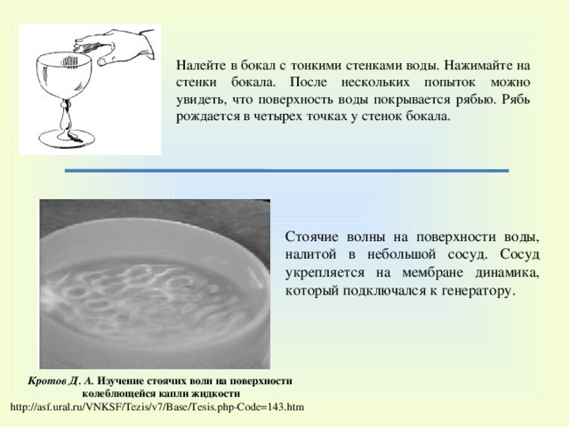 Налейте в бокал с тонкими стенками воды. Нажимайте на стенки бокала. После нескольких попыток можно увидеть, что поверхность воды покрывается рябью. Рябь рождается в четырех точках у стенок бокала. C тоячие волны на поверхности воды, налитой в небольшой сосуд. Сосуд укрепляется на мембране динамика, который подключался к генератору. Кротов Д . А . Изучение стоячих волн на поверхности колеблющейся капли жидкости http://asf.ural.ru/VNKSF/Tezis/v7/Base/Tesis.php-Code=143.htm 