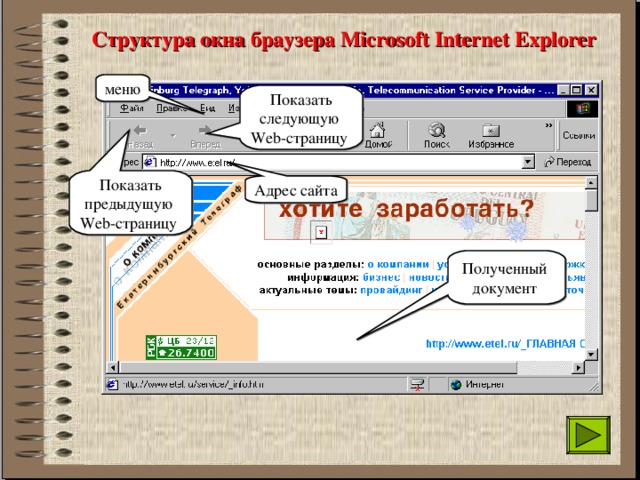 Структура окна браузера Microsoft Internet Explorer меню Показать  следующую  Web- страницу Показать  предыдущую  Web- страницу Адрес сайта Полученный документ 
